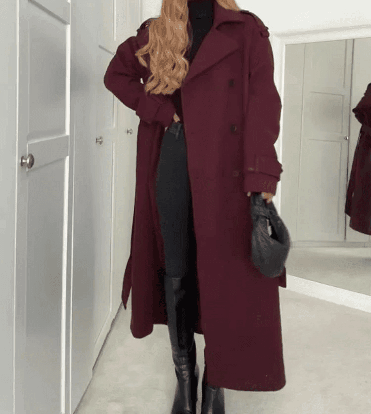 Elegant Bordeaux Lapel Mix Maxi Overcoat - Lifestyle Haven