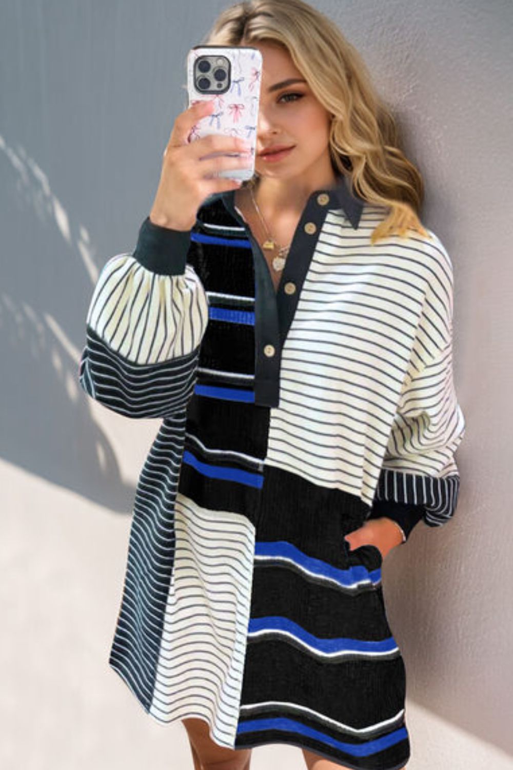 Full Size Striped Half Button Long Sleeve Mini Dress Trendy & Casual Everyday Wear by Stevvex