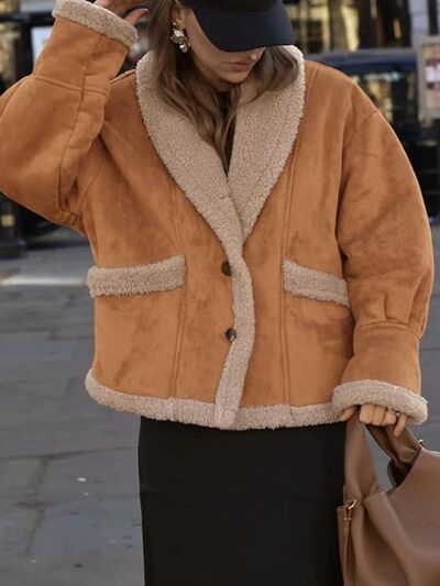Fuzzy Collared Neck Long Sleeve Jacket with Buttoned Closure and Cozy Pockets by Stevvex