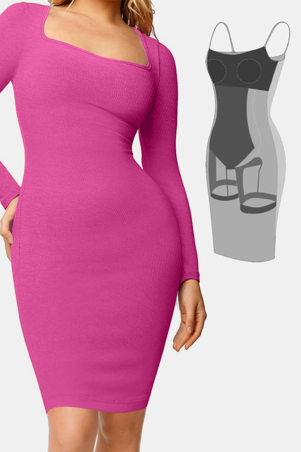Elegant Black Full Size Built-In Shapewear Square Neck Long Sleeve Dress Sculpting Fit Dress for Women by Stevvex