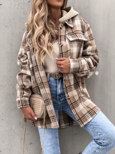 Vintage Retro Style Women Camel Plaid Button Up Jacket with Removable Hood Classic & Cozy Everyday Wear by Stevvex