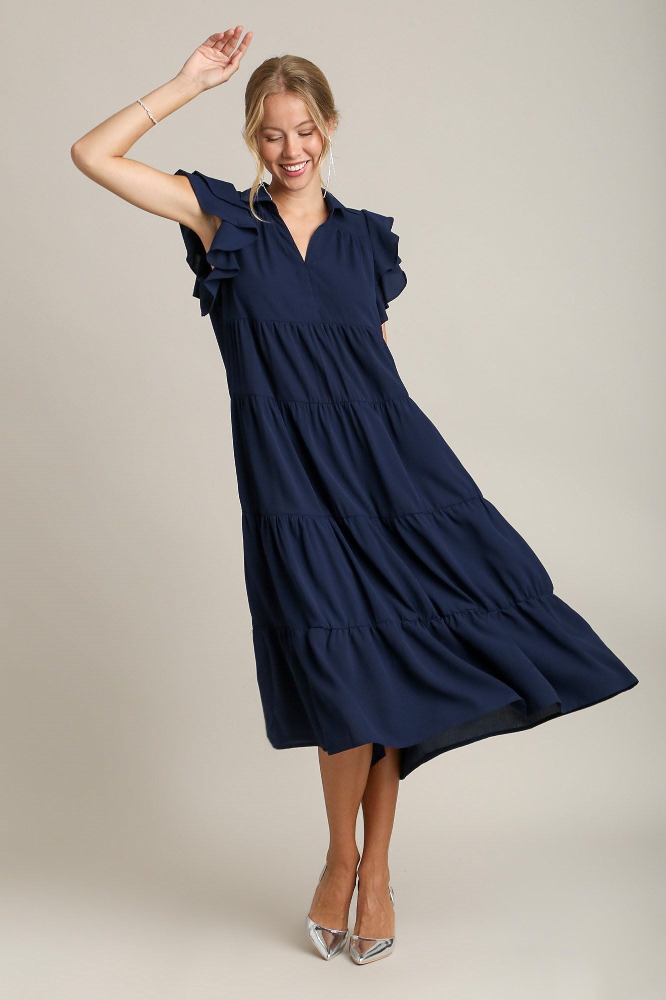 Dark Navy Full Size Ruffle Sleeve Dress Classic Feminine Plus Size Fashion Soft Dress by Stevvex