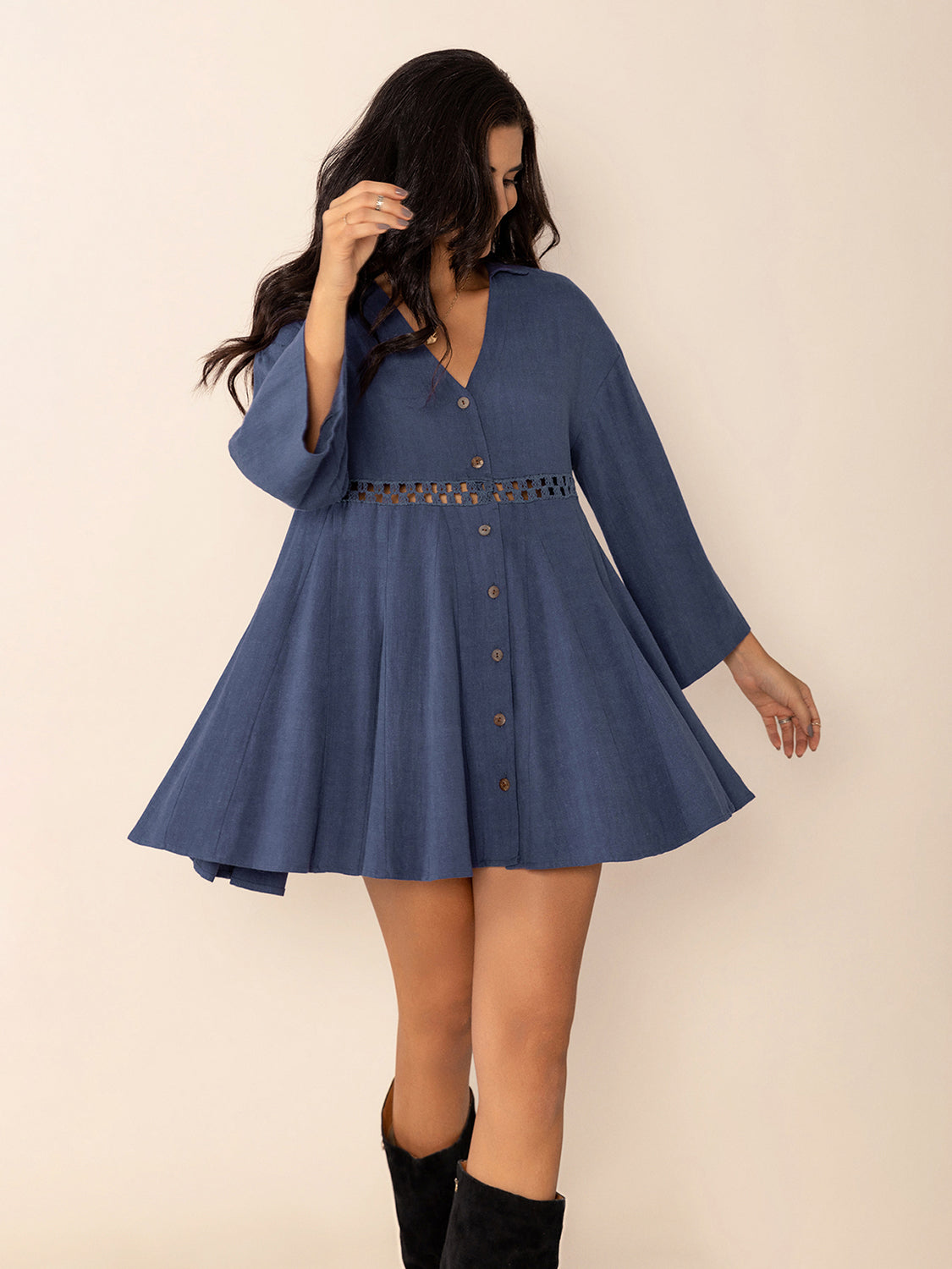Dusty Blue Long Sleeve Mini Dress Elegant Cutout & Buttoned Design Lightweight Women Dress by Stevvex