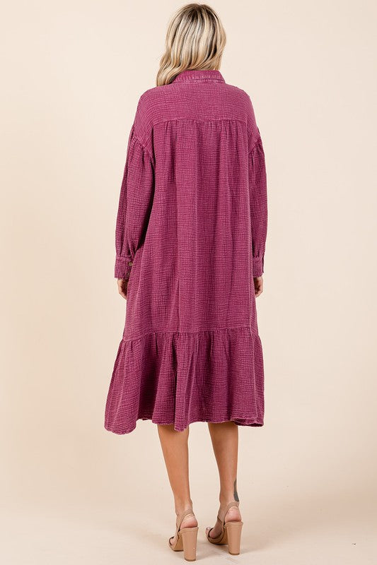 Mineral Wash Cotton Gauze Ruffle Midi Shirt Dress For Women – Casual and Feminine Button-Down Dress with Ruffle Details