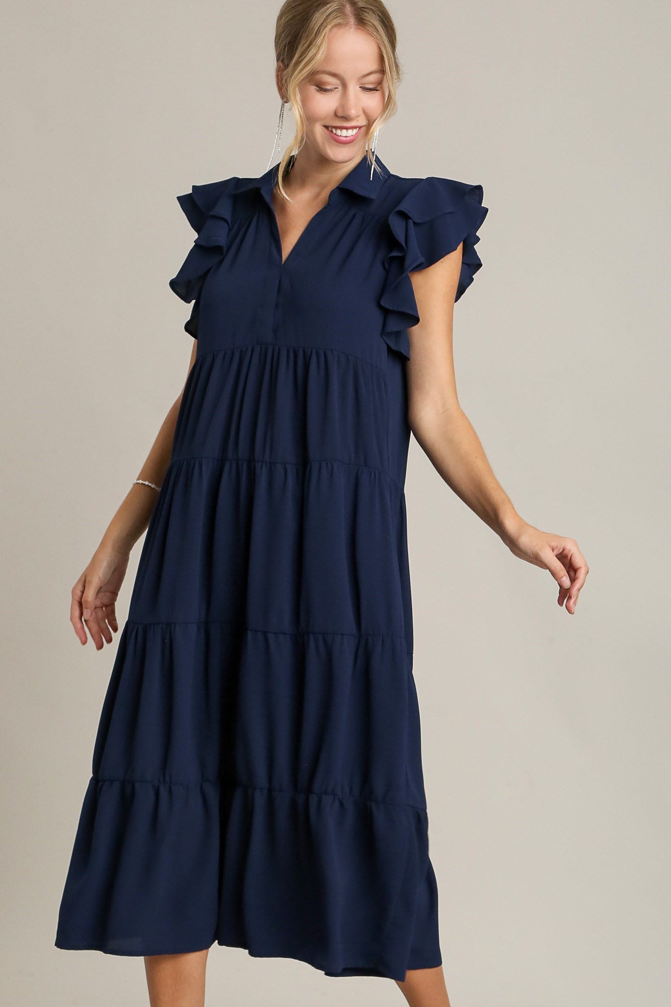 Dark Navy Full Size Ruffle Sleeve Dress Classic Feminine Plus Size Fashion Soft Dress by Stevvex