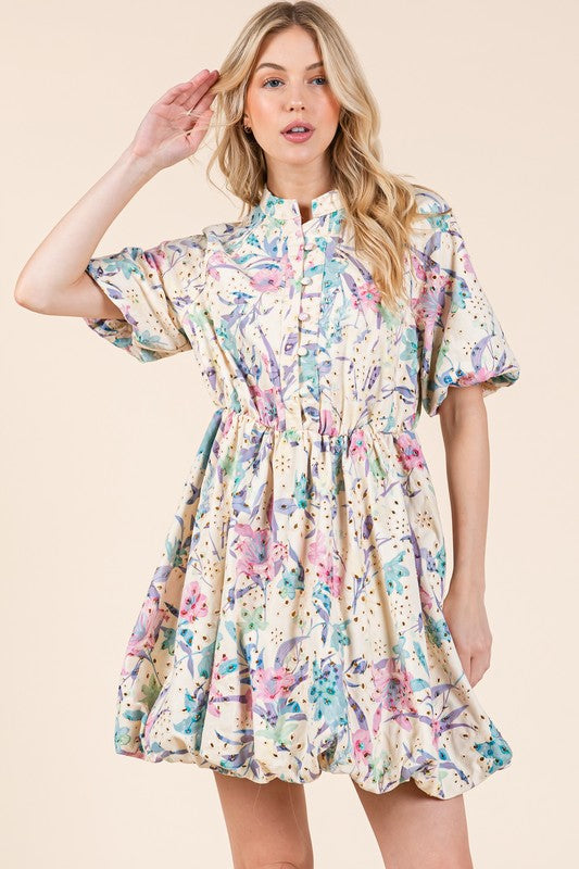 New Summer Floral Eyelet Lace Puff Sleeve Mini Shirt Dress For Women – Elegant, Trendy, Chic and Feminine Mini Shirt Dress with Puff Sleeves and Floral Eyelet Lace by Stevvex