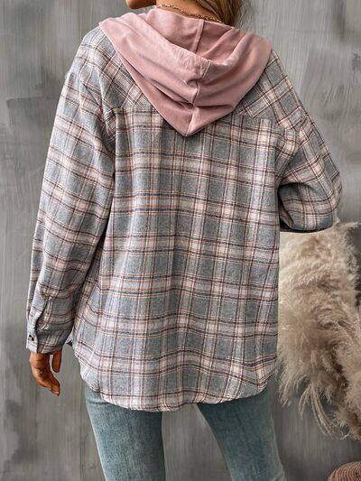 Plaid Buttoned Long Sleeve Hooded Jacket for Women – Cozy & Stylish Cotton-Blend Outerwear by Stevvex