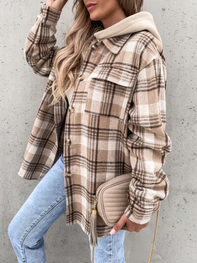 Vintage Retro Style Women Camel Plaid Button Up Jacket with Removable Hood Classic & Cozy Everyday Wear by Stevvex