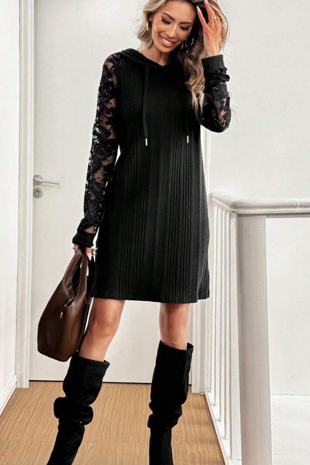 Black Long Sleeve Hooded Dress With Lace Detail Stylish Comfortable Women’s Dress Luxury Unique Design Dress