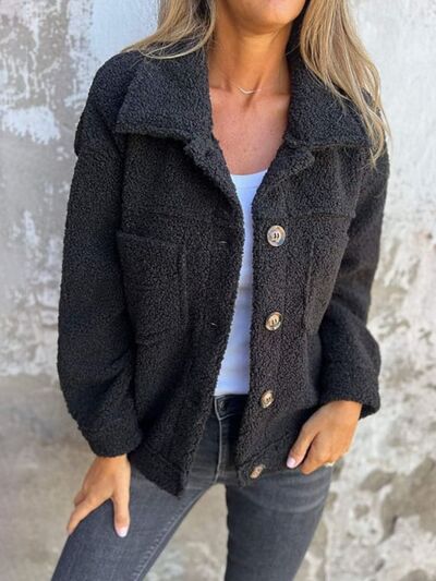 Comfortable Modern Women Full Size Fuzzy Button-Up Jacket with Drop Shoulder and Pockets by Stevvex