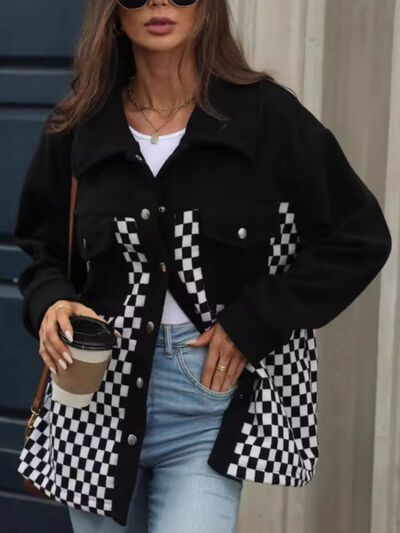 Black Checkered Snap Down Long Sleeve Jacket Stylish & Functional Buttoned Outerwear by Stevvex