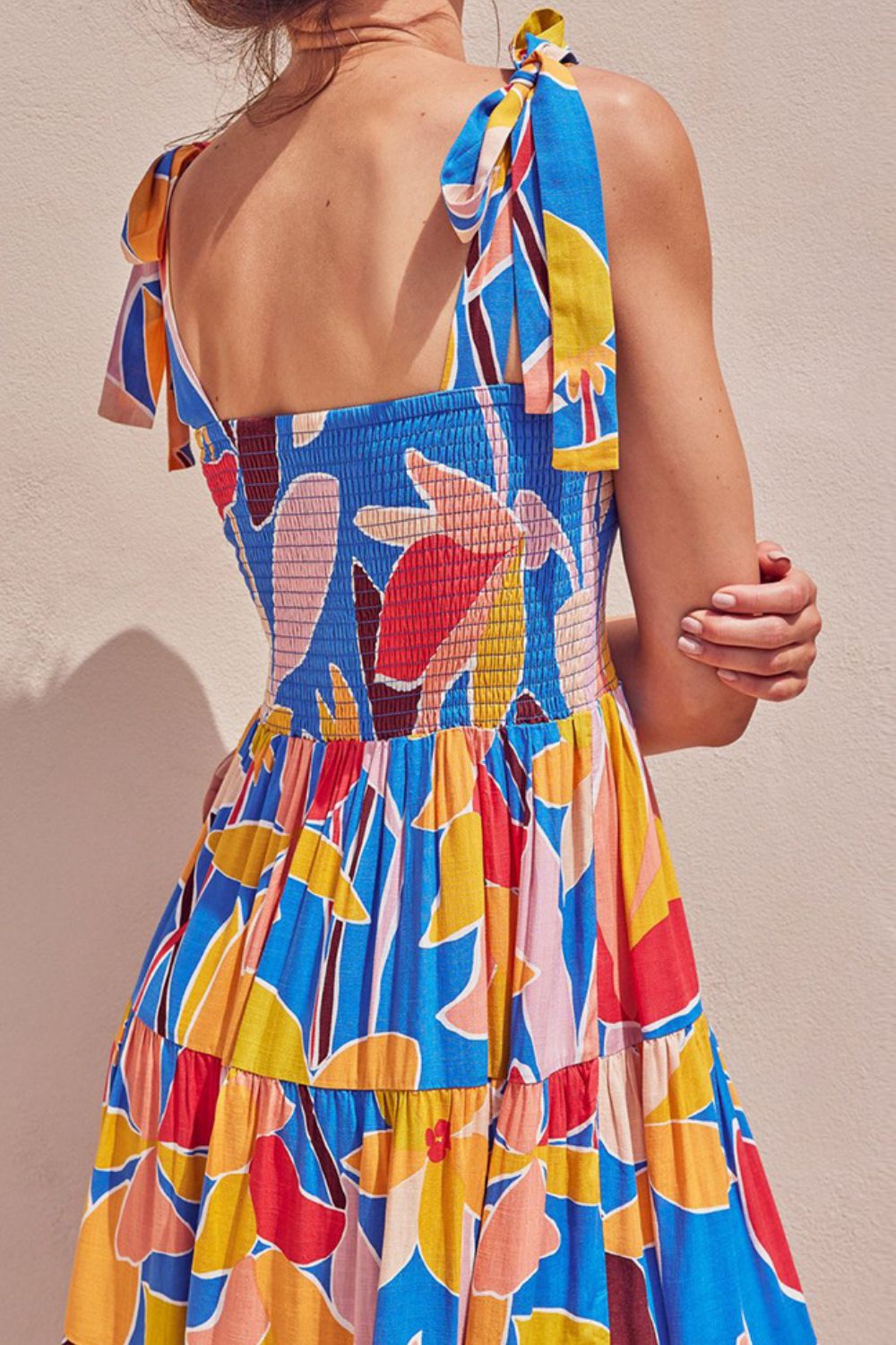 Multicolored Floral Tie-Shoulder Smocked Maxi Dress Elegant & Flowy Summer Style Dress by Stevvex