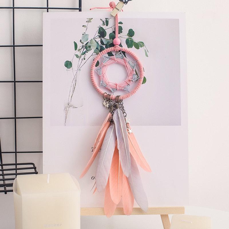 Car Interior Rear-view Mirror Hanging Decor  Small Dream Catcher Boho Nature Feather Home Decor Handmade Grids Nature Feather Car Charms Pendant Accessories Gift