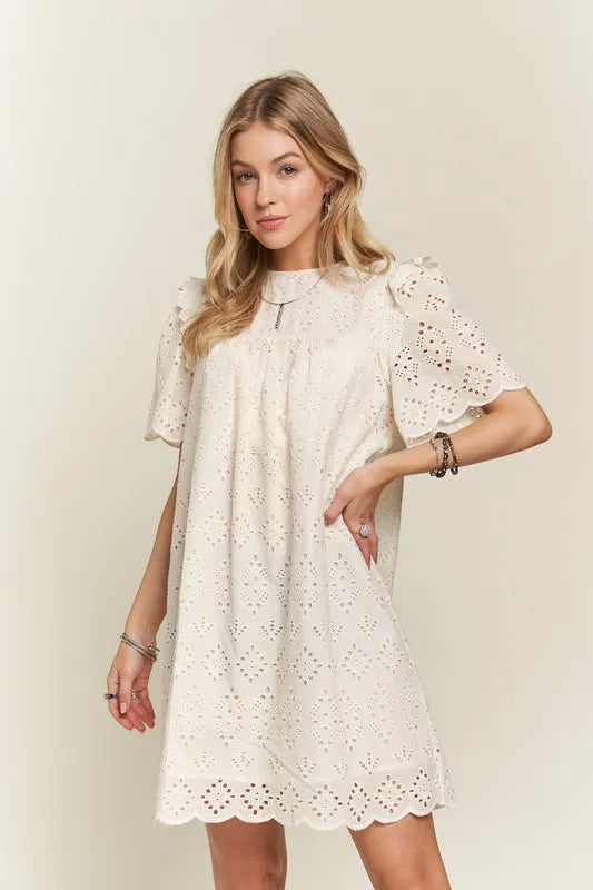 Ruffled Eyelet Round Neck Summer Dress For Women – Elegant Feminine Eyelet Dress with Ruffled Details for Garden Parties & Special Occasions