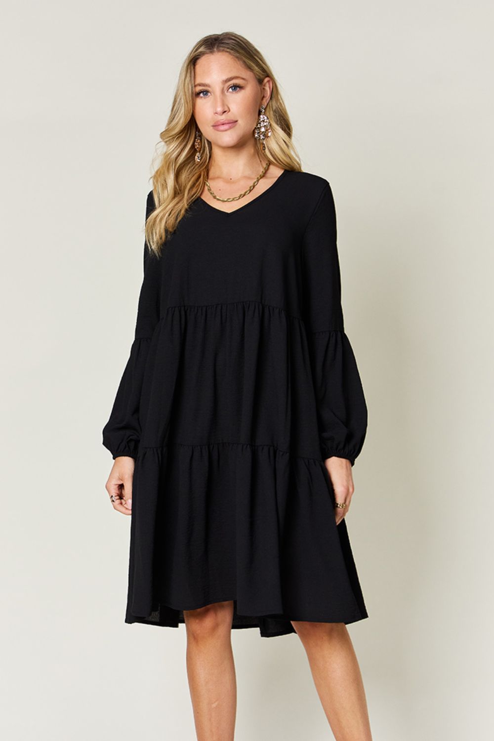 Light Green Double Take Full Size V-Neck Sleeve Tiered Dress with Pockets Elegant & Comfortable Casual Dress by Stevvex
