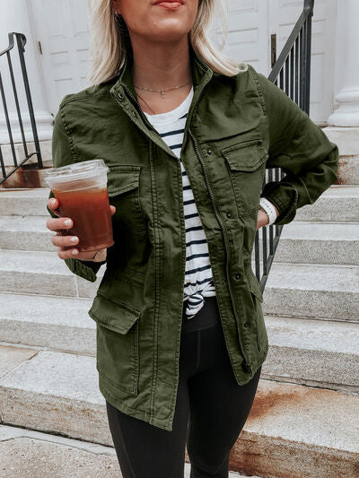 Retro Pocketed Long Sleeve Zip-Up Jacket Lightweight & Stylish Outerwear for Everyday Wear by Stevvex