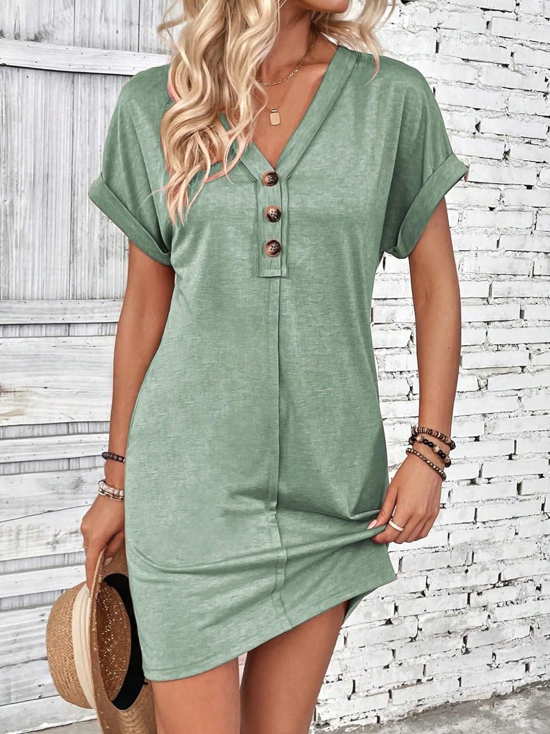 Elegant Button V-Neck Short Sleeve Dress Flattering Casual & Office Wear Simple Dress by Stevvex
