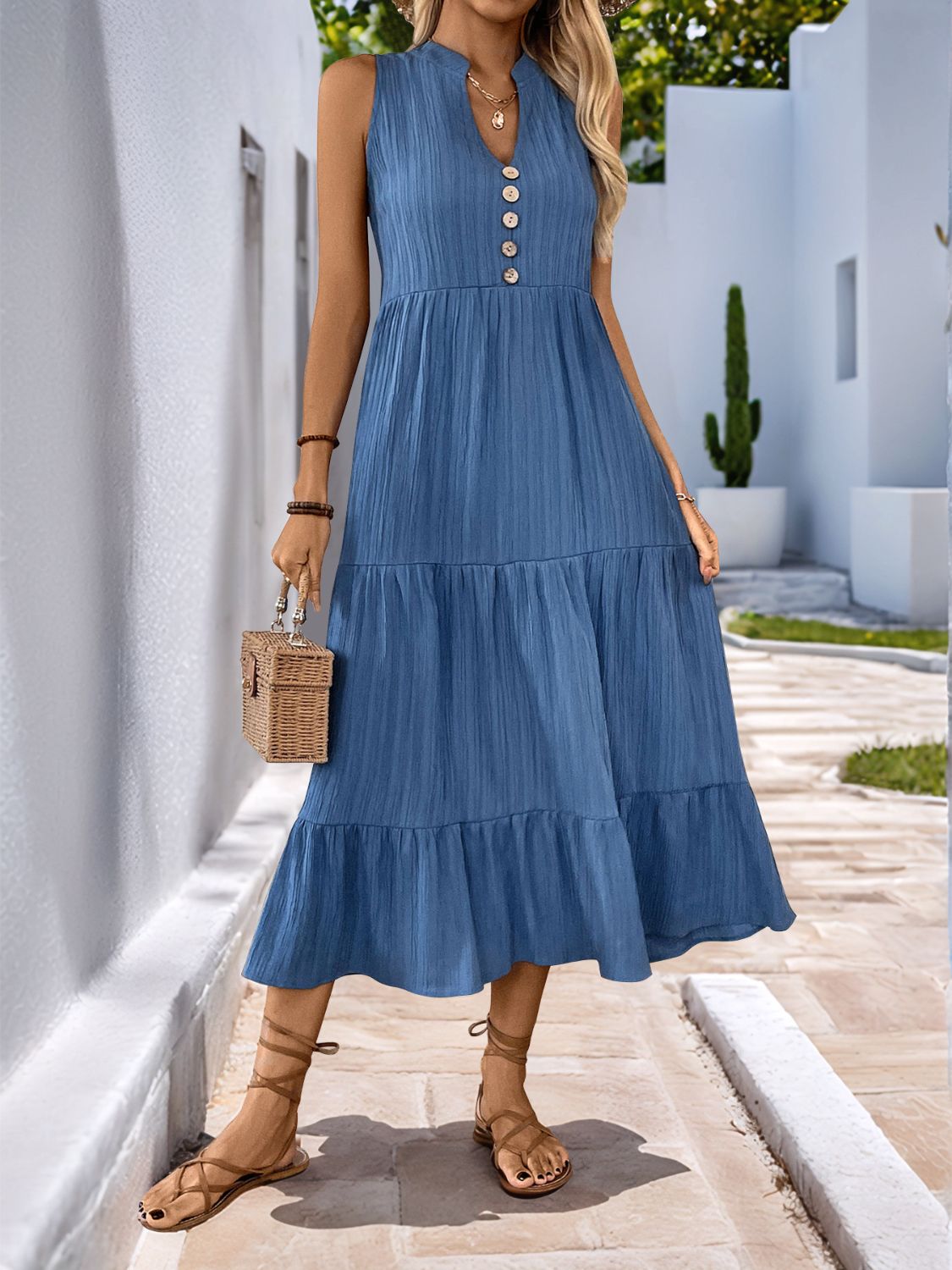 Decorative Dusty Blue Button Notched Sleeveless Dress Elegant & Feminine Style Long Dress For Women by Stevvex