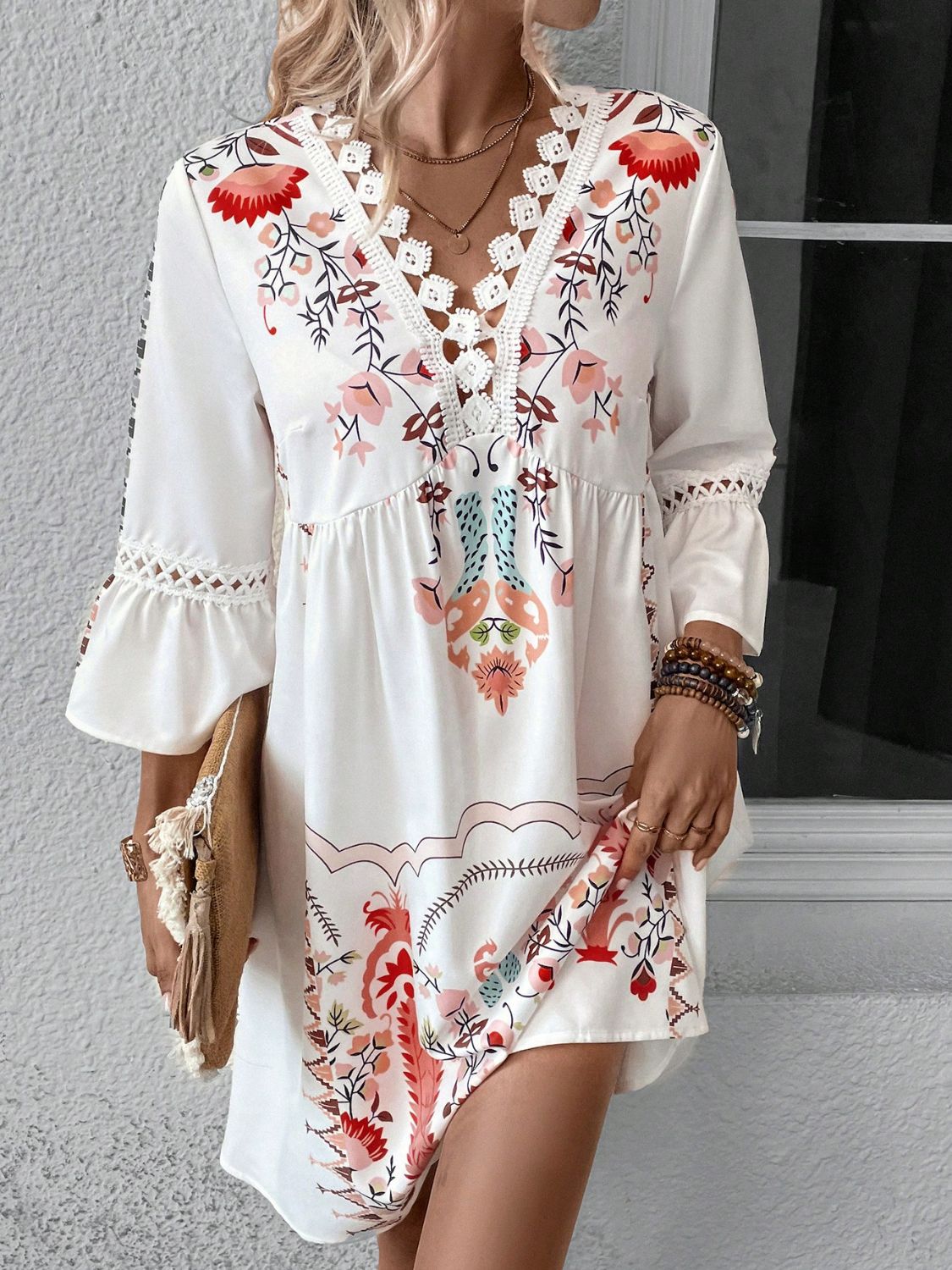Exquisite Summer Feminine Lace Detail Printed Dress Chic Midi Lightweight Dress by Stevvex