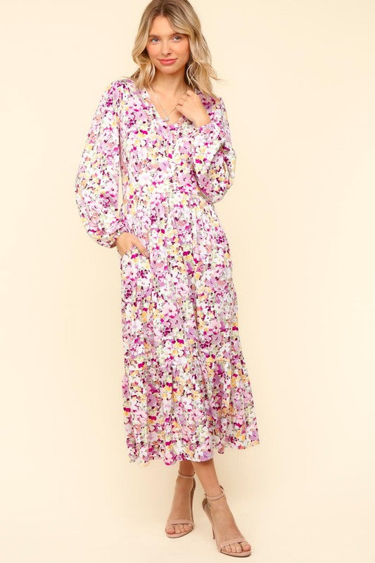 Lilac Full Size Floral V-Neck Long Sleeve Dress With Side Pockets Elegant & Practical Dress by Stevvex