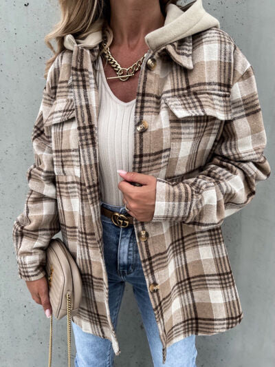 Vintage Retro Style Women Camel Plaid Button Up Jacket with Removable Hood Classic & Cozy Everyday Wear by Stevvex