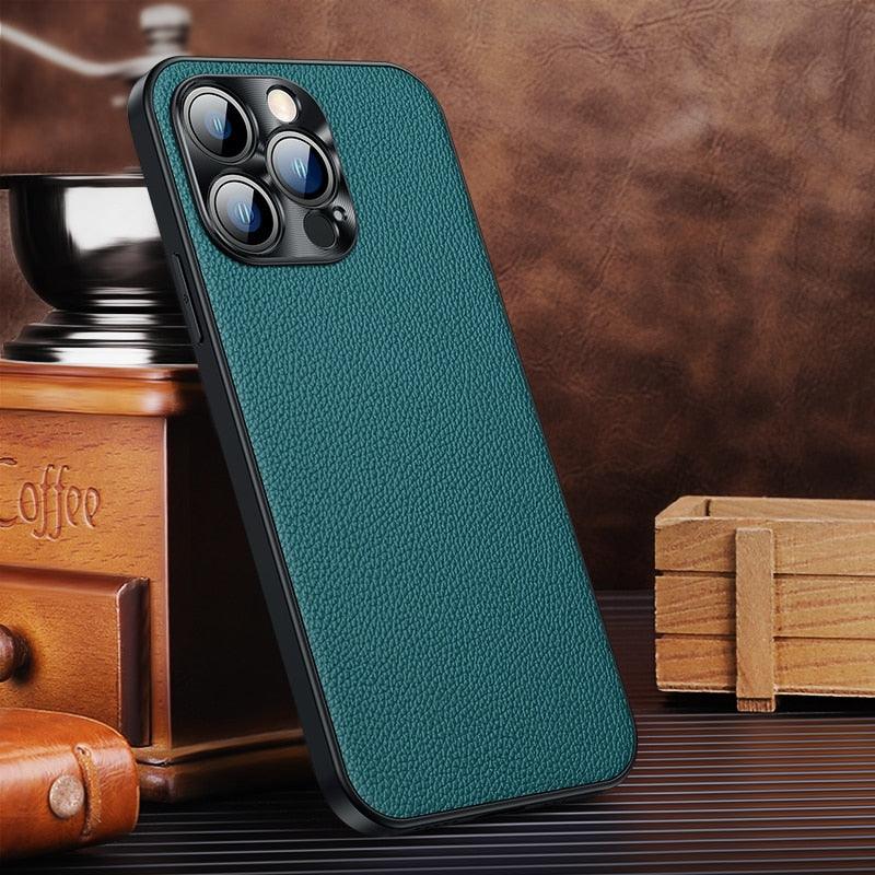 Classic Leather Case Compatible with iPhone Slim Leather Protective Case Midnight Green Luxury Genuine Leather Cover For iPhone 14 Pro 13 12 11 Pro Max X XS XR 7 8 Plus Case Vintage Leather Business Men Iphone Case