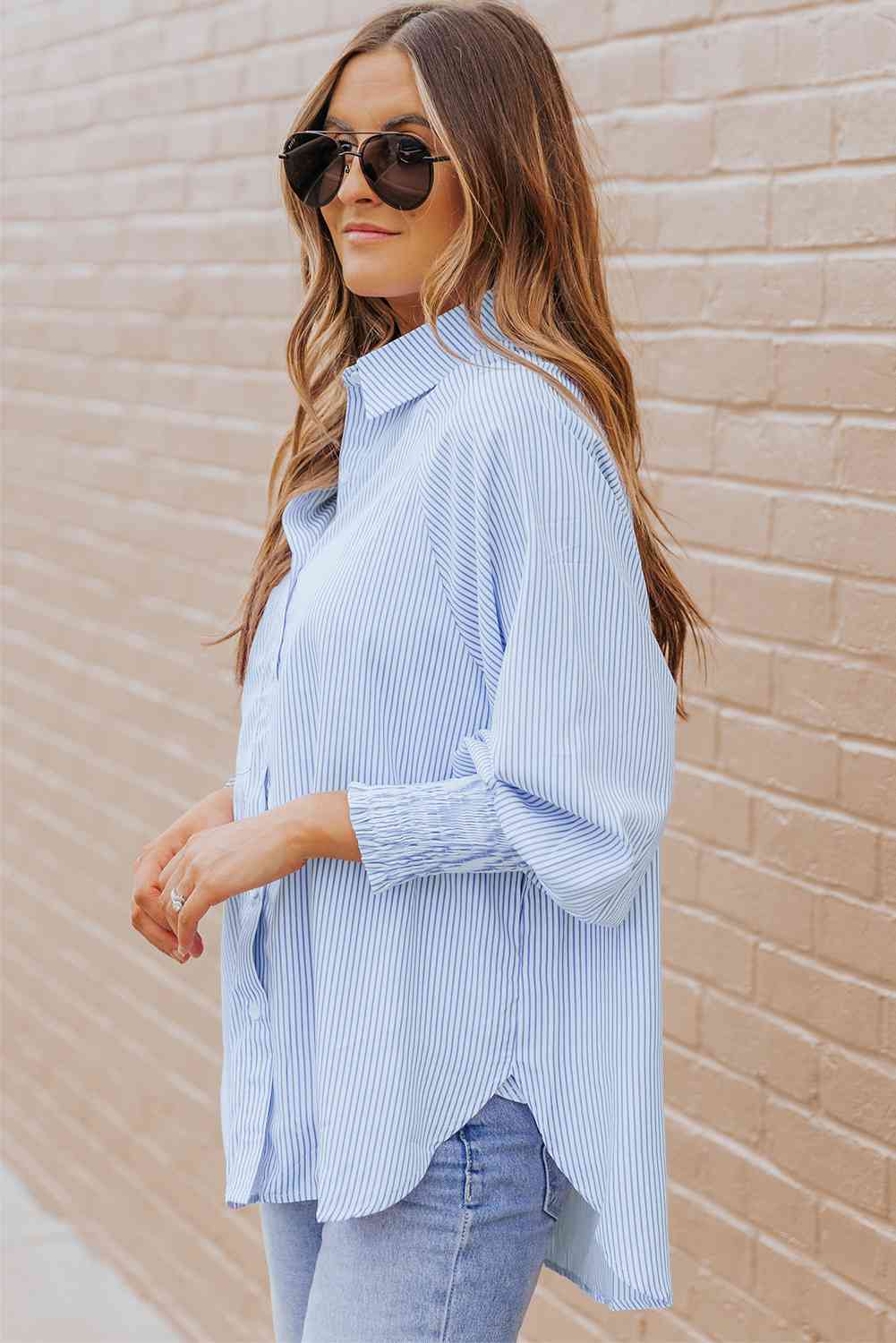 Stylish Lantern Sleeve Striped Shirt for Effortless Look