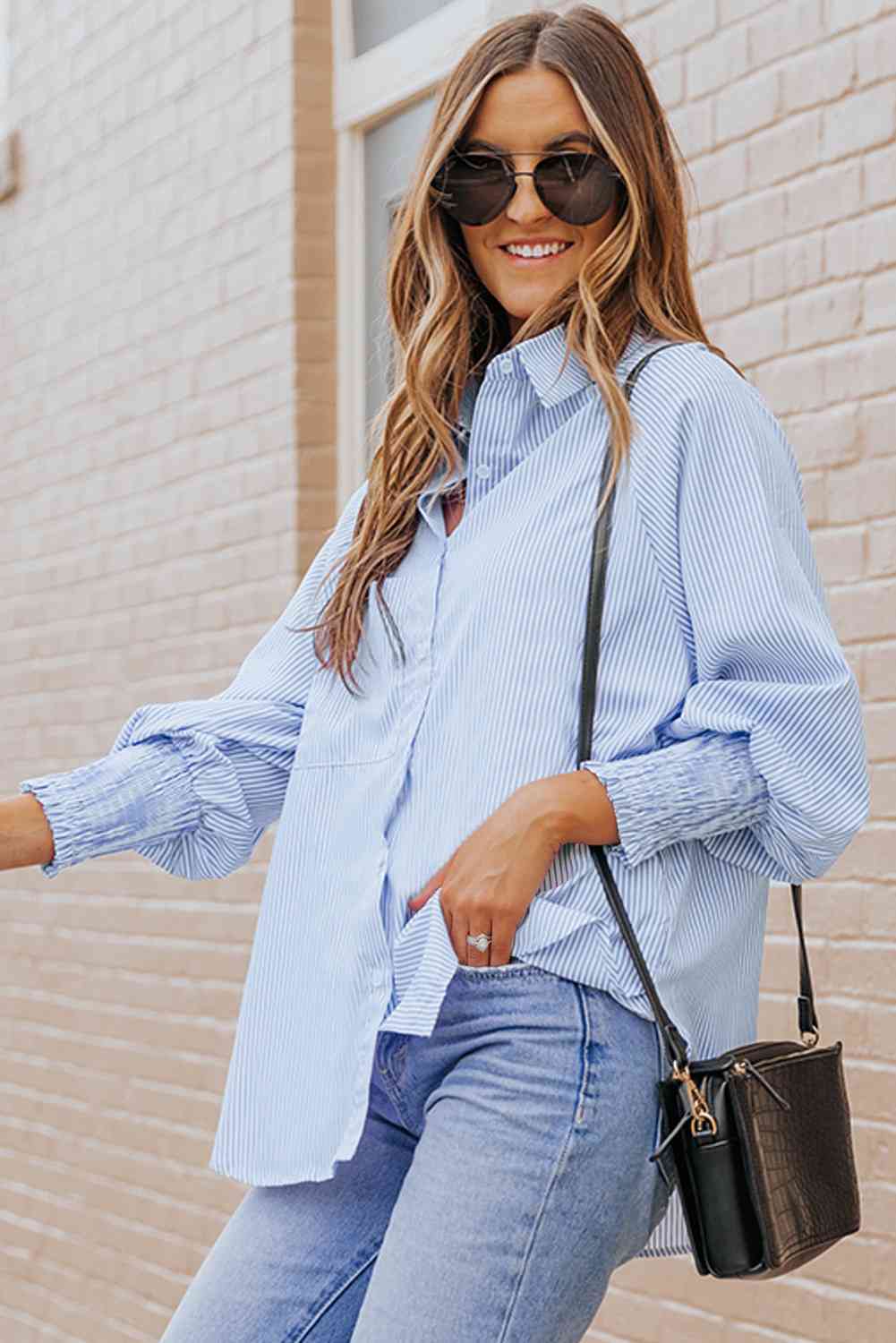 Stylish Lantern Sleeve Striped Shirt for Effortless Look
