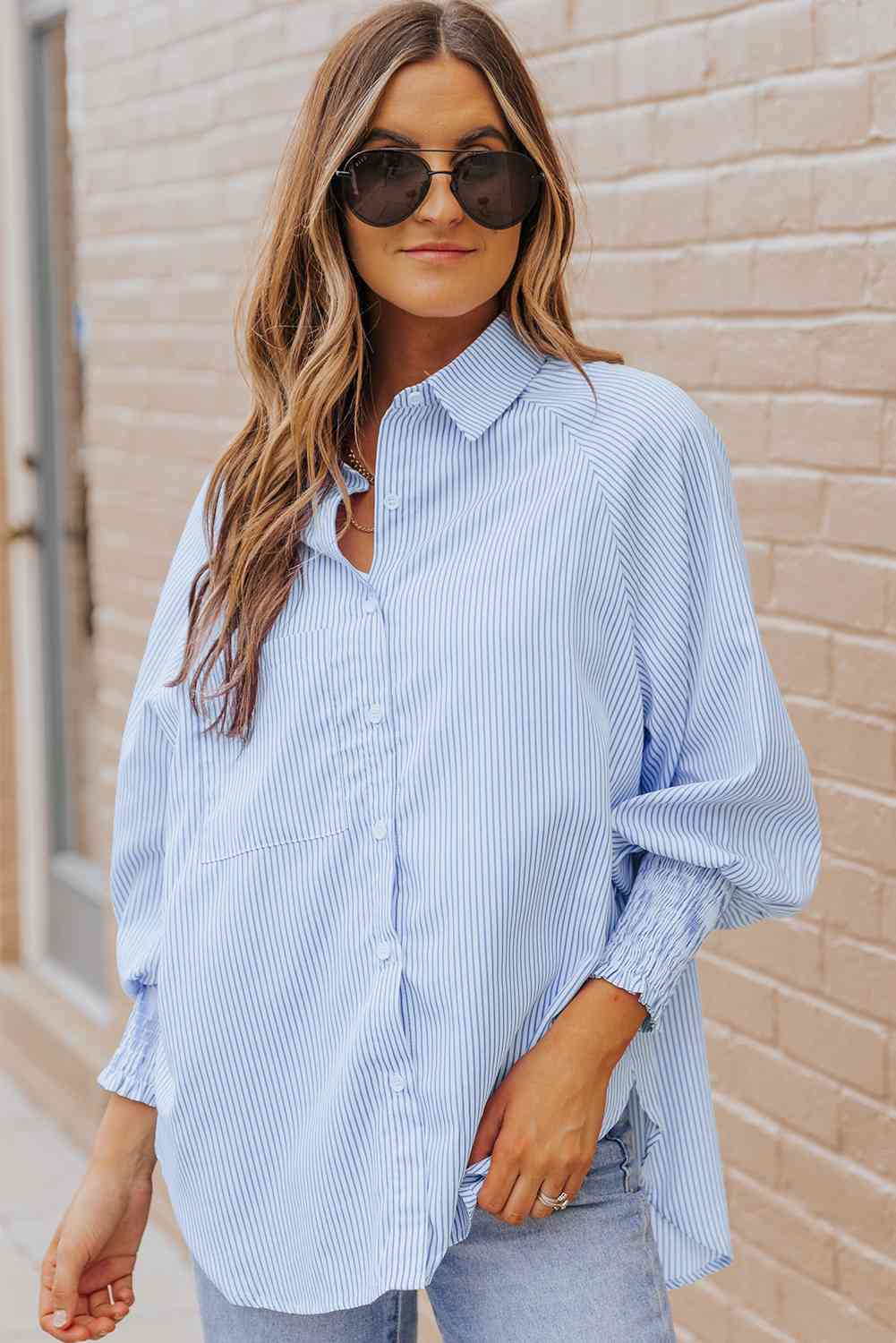 Stylish Lantern Sleeve Striped Shirt for Effortless Look