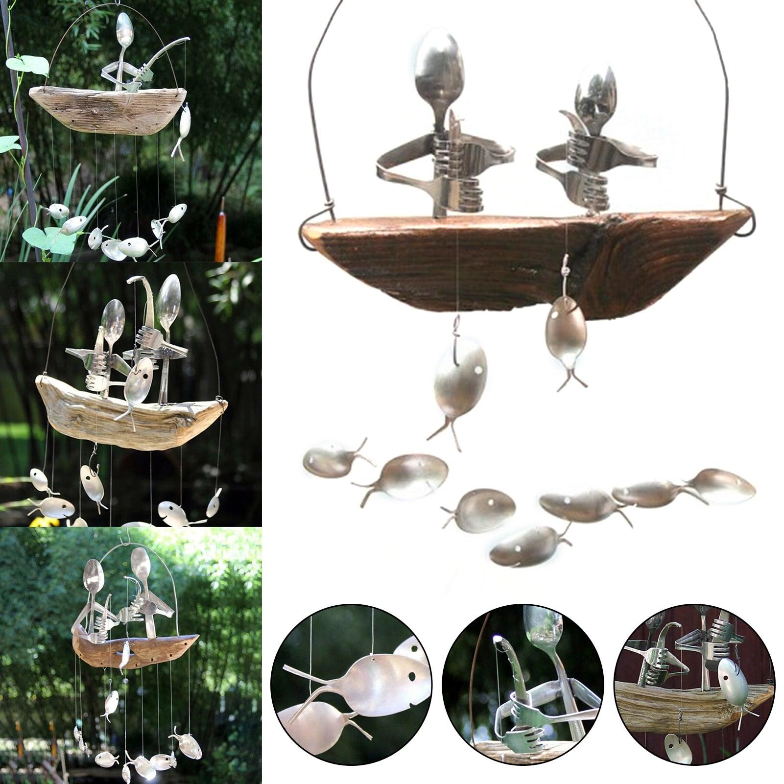 Creative Fishing Man Spoon Fish Sculptures Wind Chime Home Bedroom Painted Fish Mobile Tropical Fish Home Decor  Yard Garden Hanging Ornament Decoration