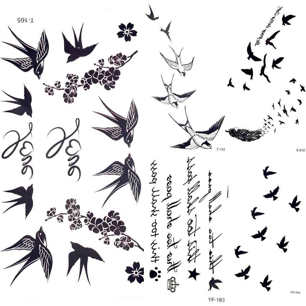 Cute Black Birds Temporary Waterproof Stickers Tattoo Flower Body Elegant Bird Butterfly Style For Womens