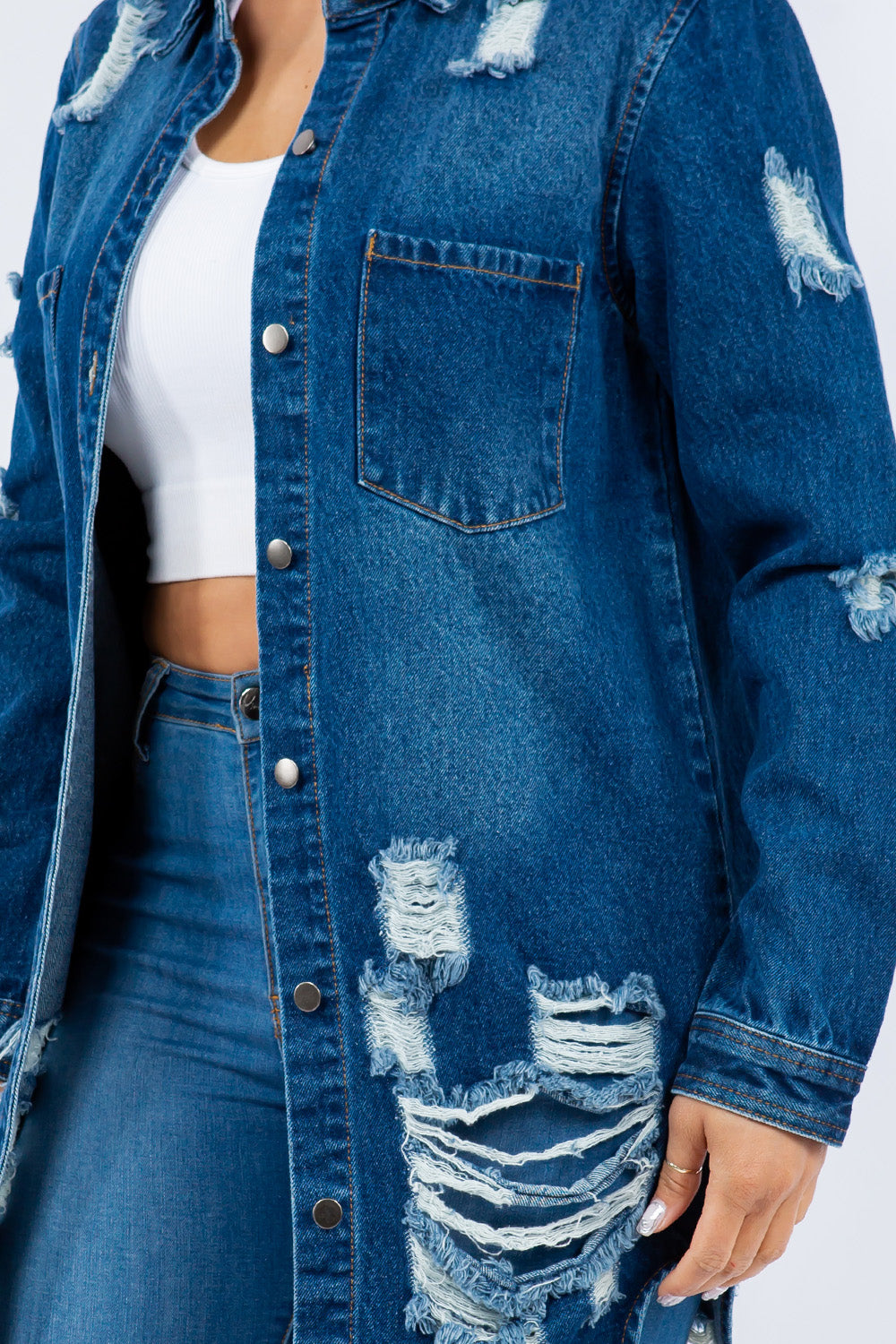 American Dark Blue Bazi Distressed Button Up Long Sleeve Jacket Trendy Buttoned Jacket with Distressed Finish for Women by Stevvex