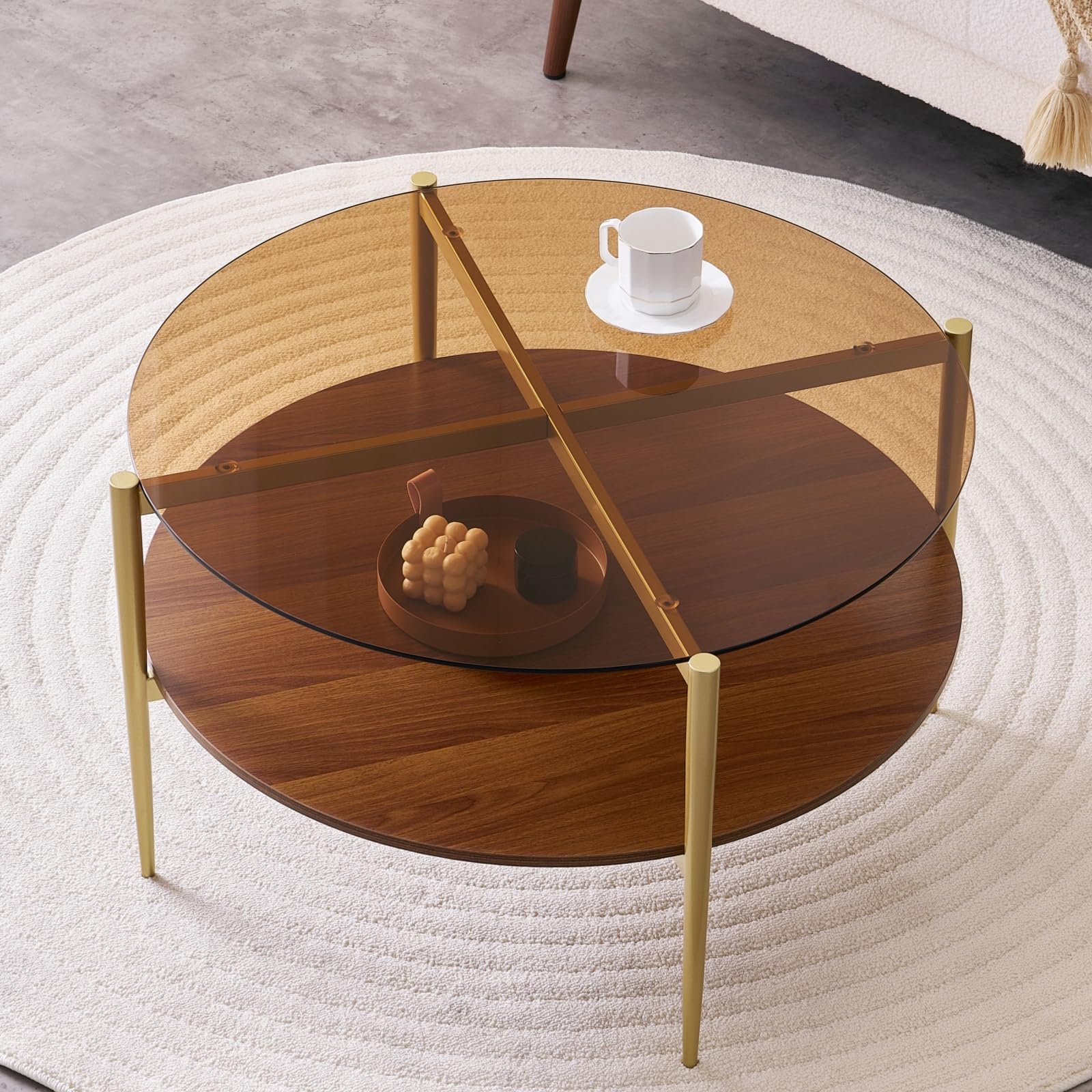 LumFurn Round Coffee Table Mid-Century Modern Design D30 x H17 for Living Room 2-Tier Structure Amber Glass Top and Walnut MDF Shelf Sleek Conical Metal Legs with Gold Finish - Lifestyle Haven