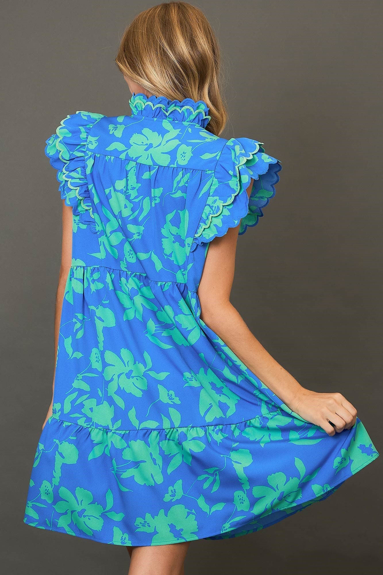 Blue Full Size Two-Tone Floral Print Ruffle Cap Sleeve Mini Dress Plus Size Elegant Dress by Stevvex
