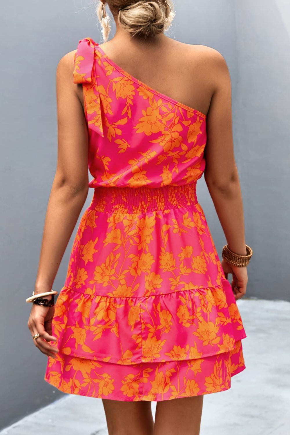 Pink Smocked Printed Single Shoulder Dress Feminine & Flattering Summer Style Dresses by Stevvex