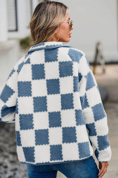 Elegant Checkered Snap Down Long Sleeve Teddy Jacket Soft & Warm Colorful Jacket by Stevvex