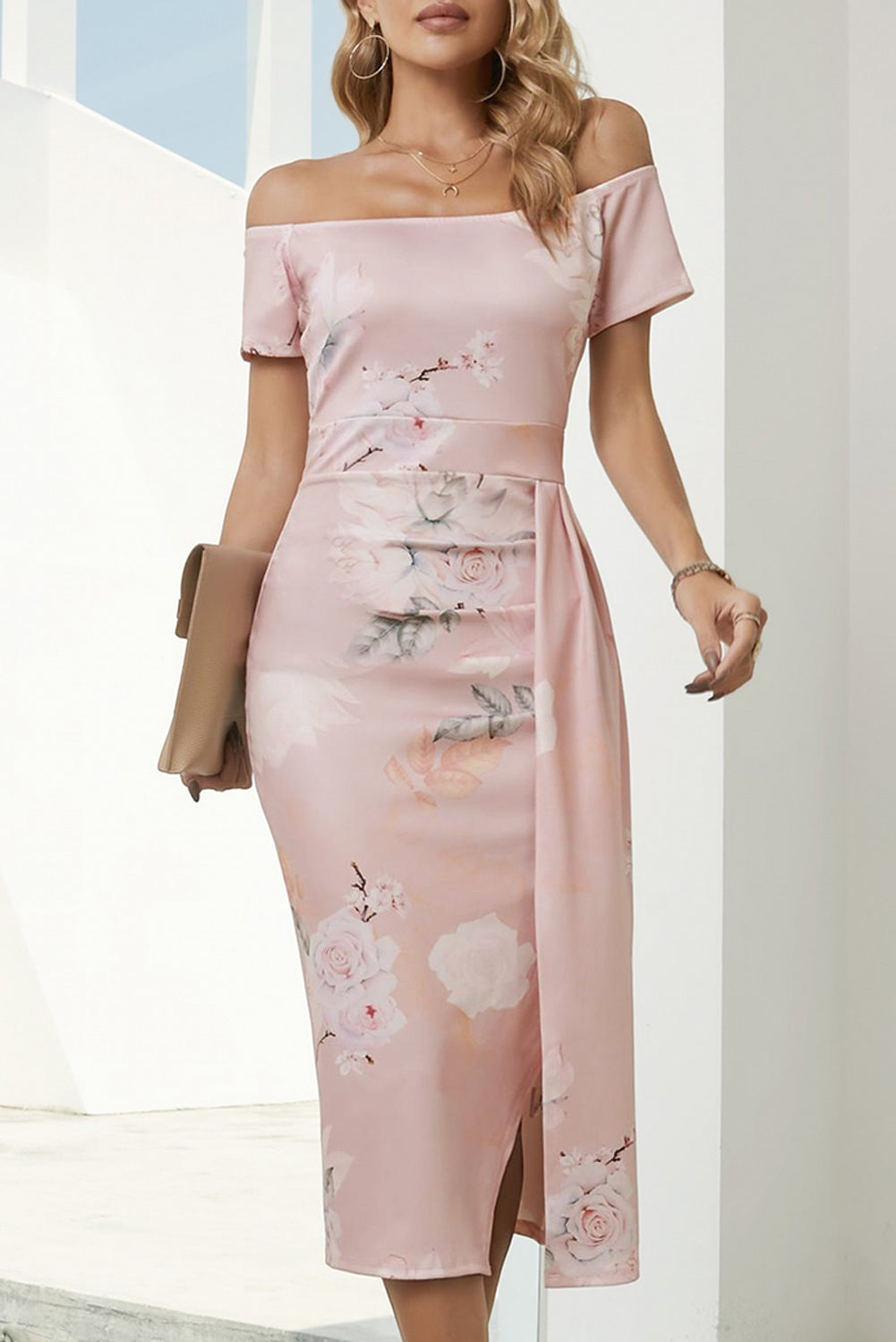 Charming Printed Off-Shoulder Midi Dress with Slit Classy & Feminine Look by Stevvex