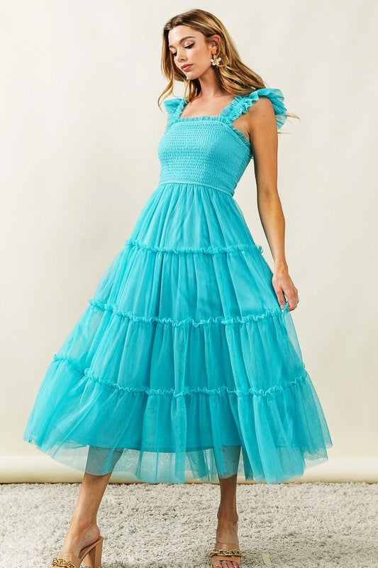 Frill Mesh Tiered Midi Dress For Women – Fluttering, Elegant, Romantic Frill Design with Mesh Details for a Feminine Silhouette by Stevvex