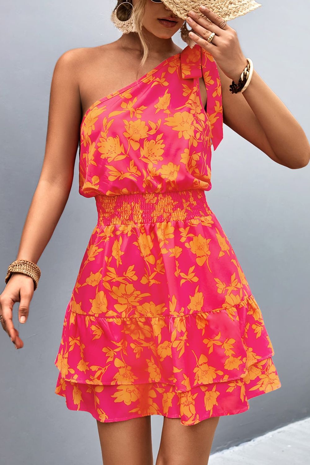 Pink Smocked Printed Single Shoulder Dress Feminine & Flattering Summer Style Dresses by Stevvex