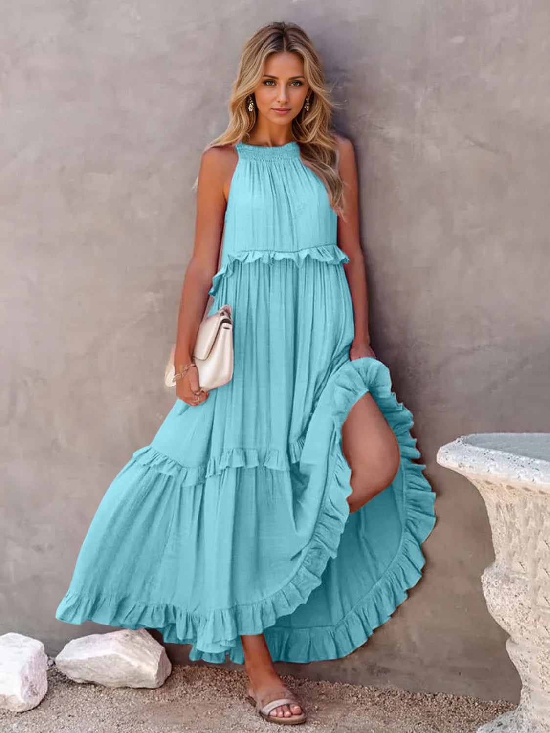 Romantic Ruffled Sleeveless Tiered Maxi Dress with Pockets Elegant & Chic Statement Beautiful Design Dress by Stevvex