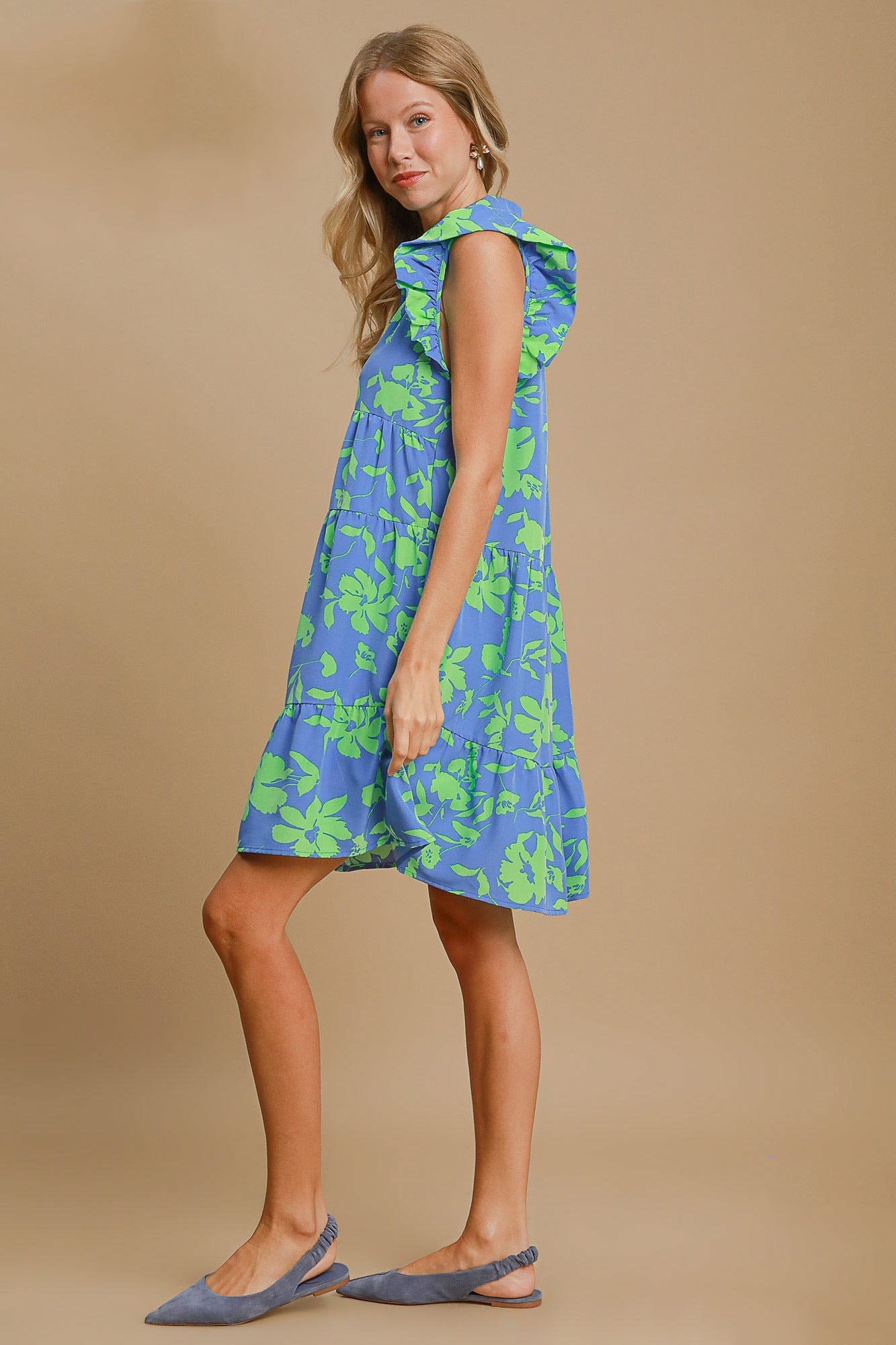 Romantic Full Size Floral Print Dress Ruffle Cap Sleeve Dress Plus Size Summer Lightweight Dress by Stevvex