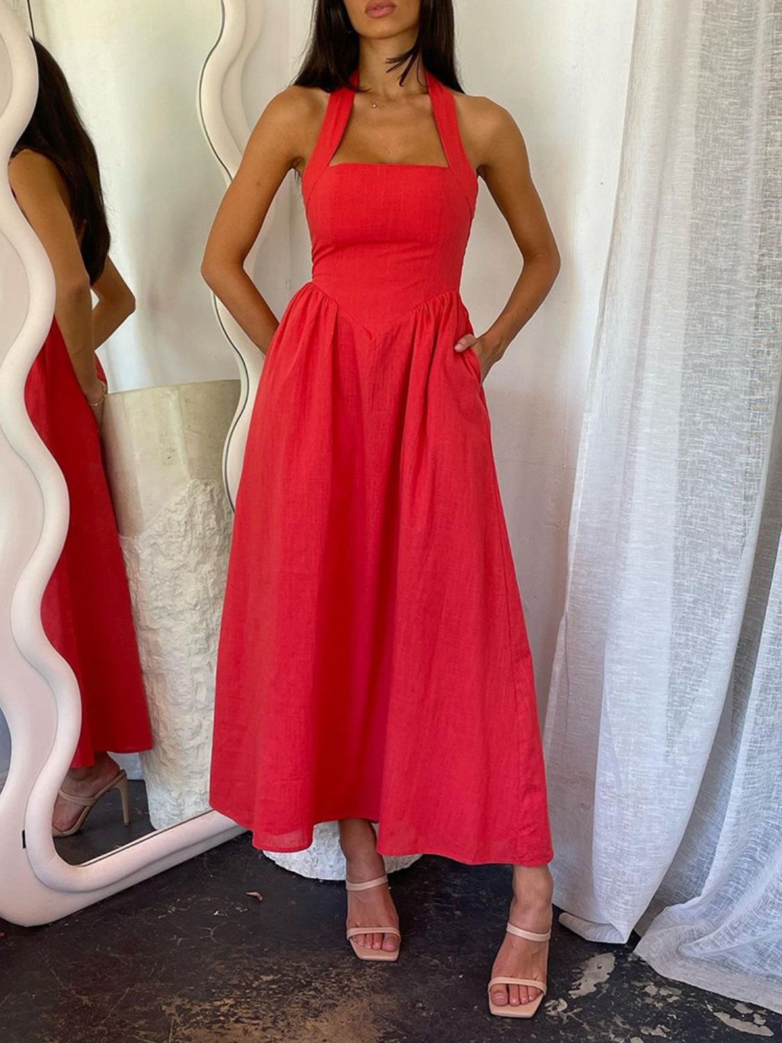 Black Ruched Halter Neck Midi Dress Sleek & Sophisticated Dress For Women by Stevvex