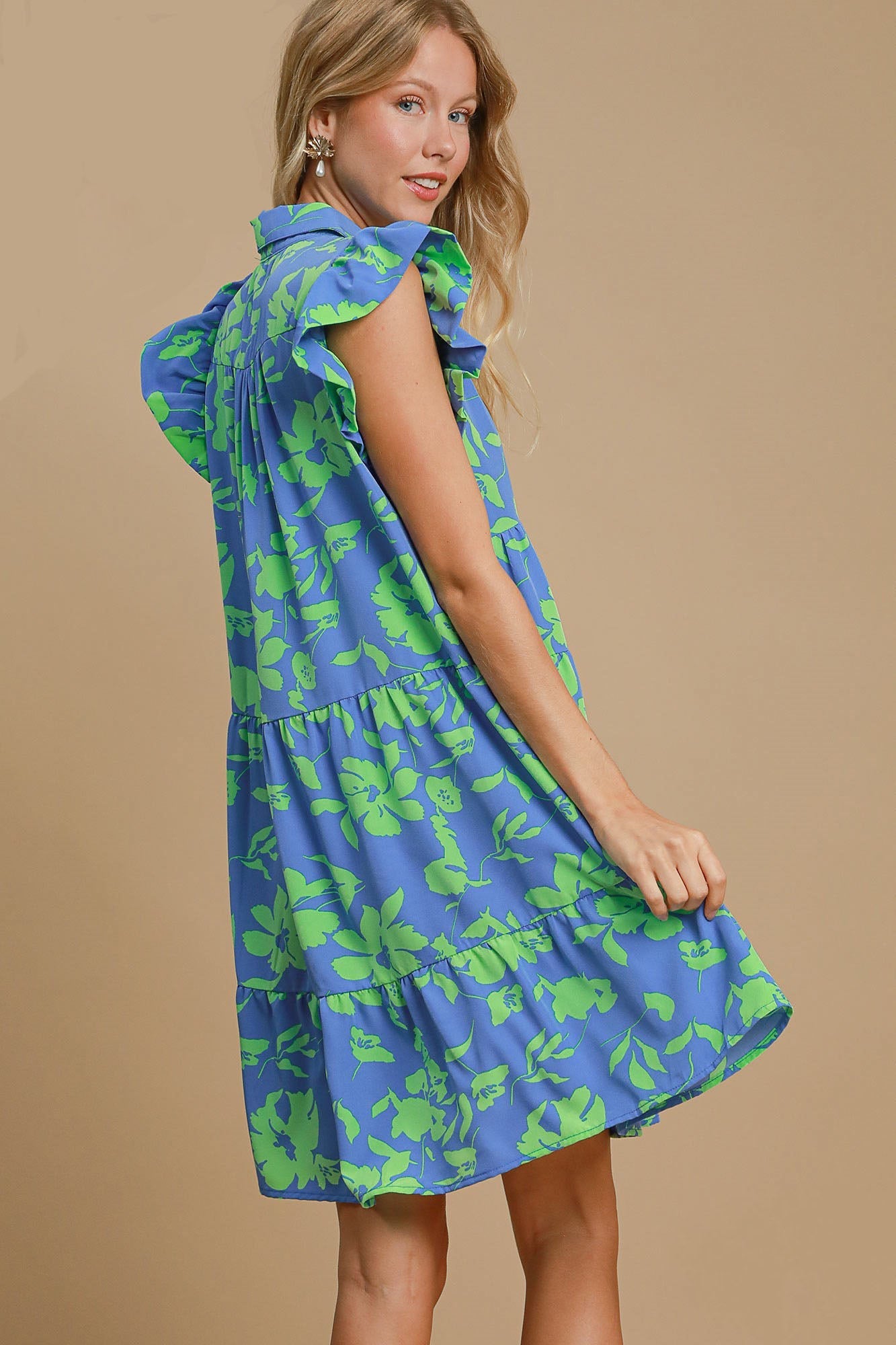 Romantic Full Size Floral Print Dress Ruffle Cap Sleeve Dress Plus Size Summer Lightweight Dress by Stevvex