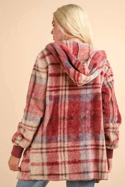 Colorful Fuzzy Plaid Long Sleeve Hooded Jacket Warm & Trendy Outerwear for Cold Days by Stevvex