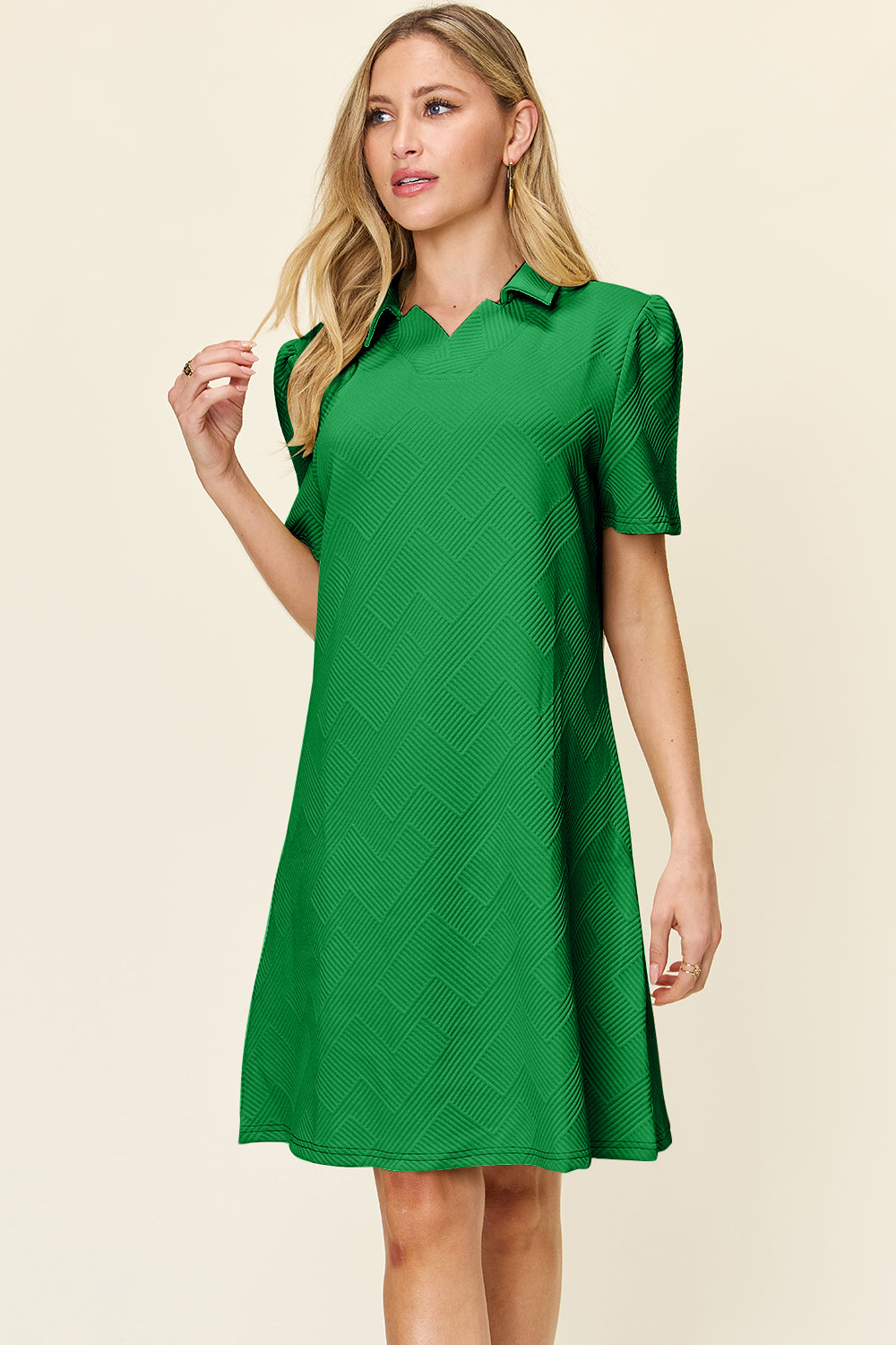 Double Take Full Size Texture Collared Neck Short Sleeve Dress Textured Dress For Women by Stevvex