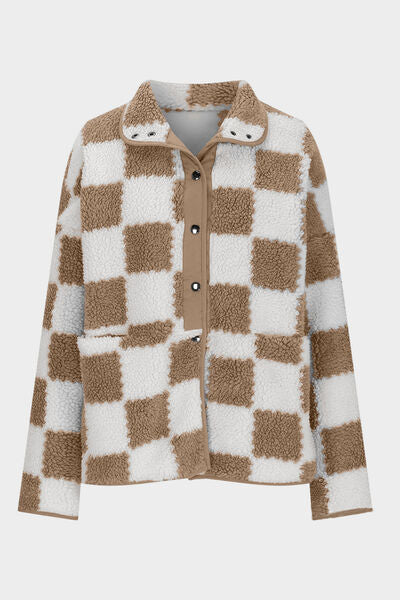 Elegant Checkered Snap Down Long Sleeve Teddy Jacket Soft & Warm Colorful Jacket by Stevvex