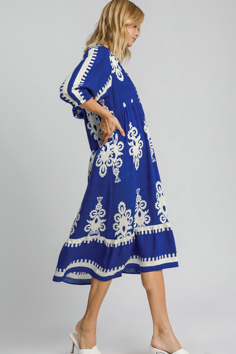 Royal Blue Printed Notched Midi Dress Elegant & Timeless Dress For Every Occasion by Stevvex