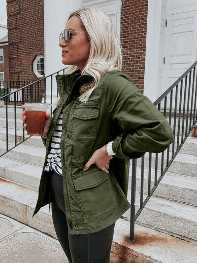 Retro Pocketed Long Sleeve Zip-Up Jacket Lightweight & Stylish Outerwear for Everyday Wear by Stevvex