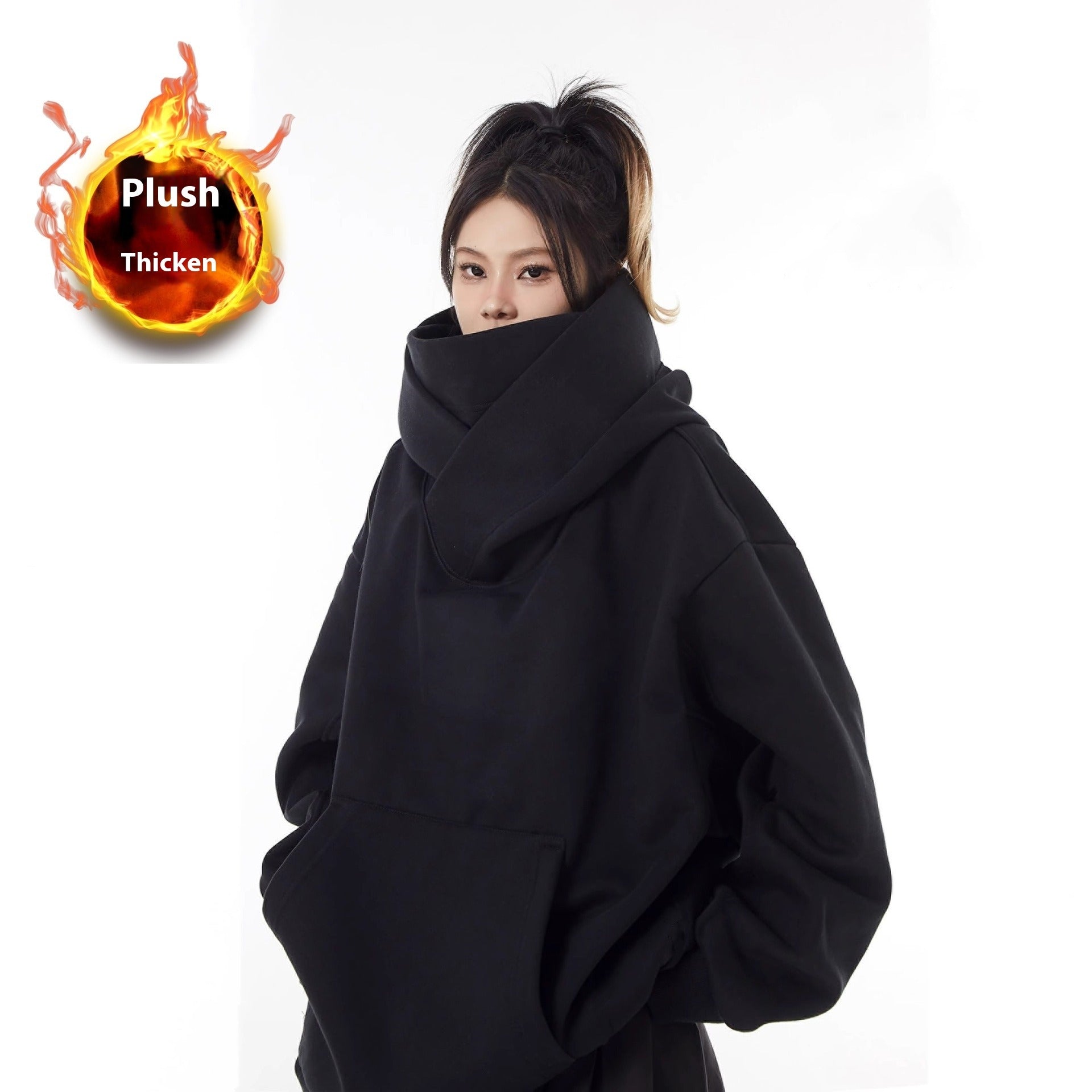 Loose High Collar Fleece Lined Hoodie - Lifestyle Haven