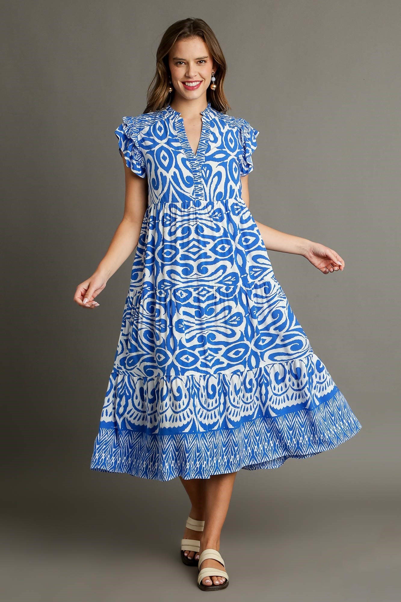 Blue Full Size Two-Tone Print Ruffle Cap Sleeve Midi Dress Plus Size Statement Piece Dress by Stevvex